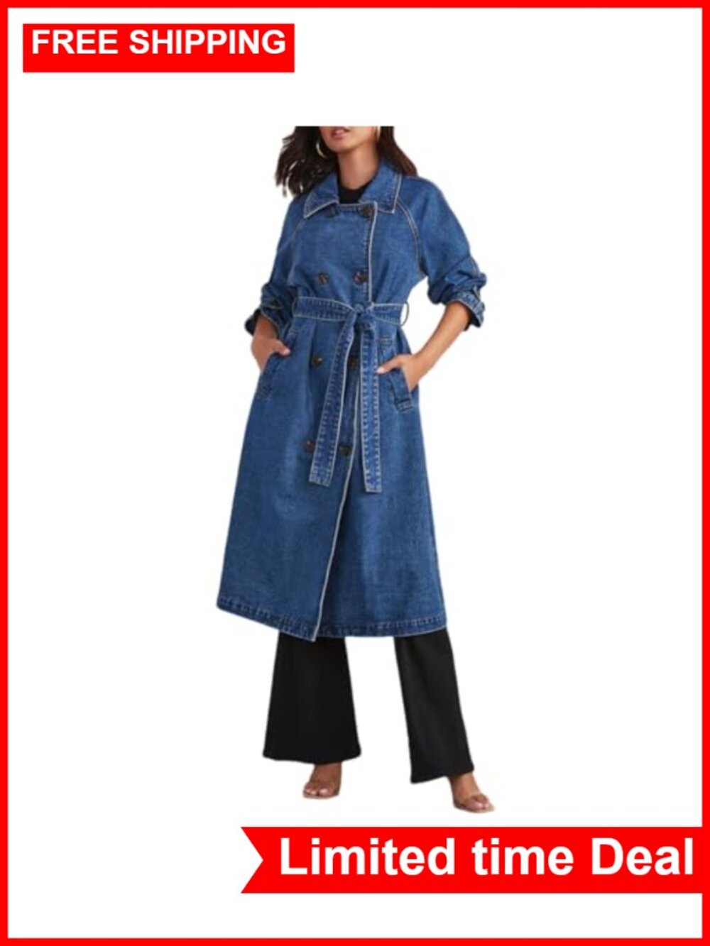 Women's Denim Trench Coat Double Breasted Over Knee Jean Jacket